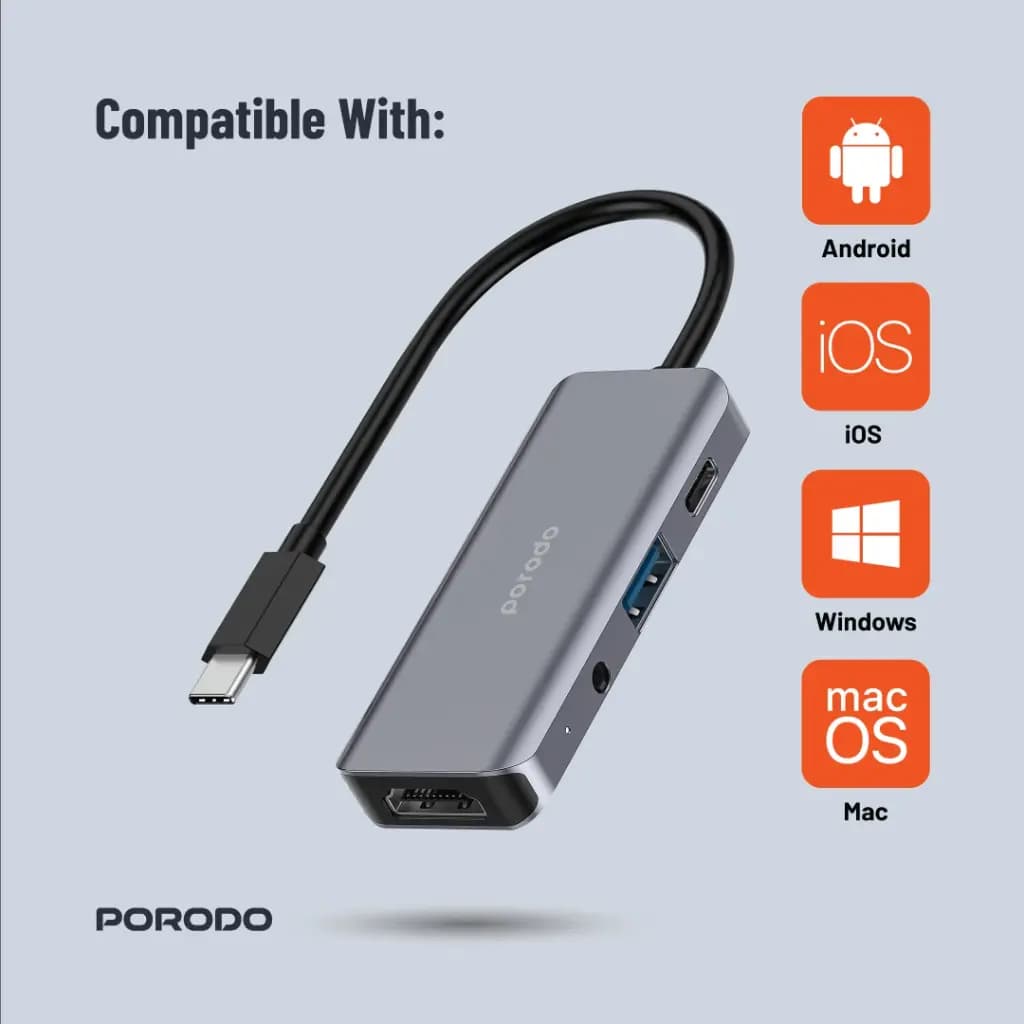 هاب 4 در 1 پرودو(PD-41CHB)Porodo 4in1 USB-C Hub Type-C PD 100W HDMI USB 3.5mm Aux – Grey — تصویر ۱۰