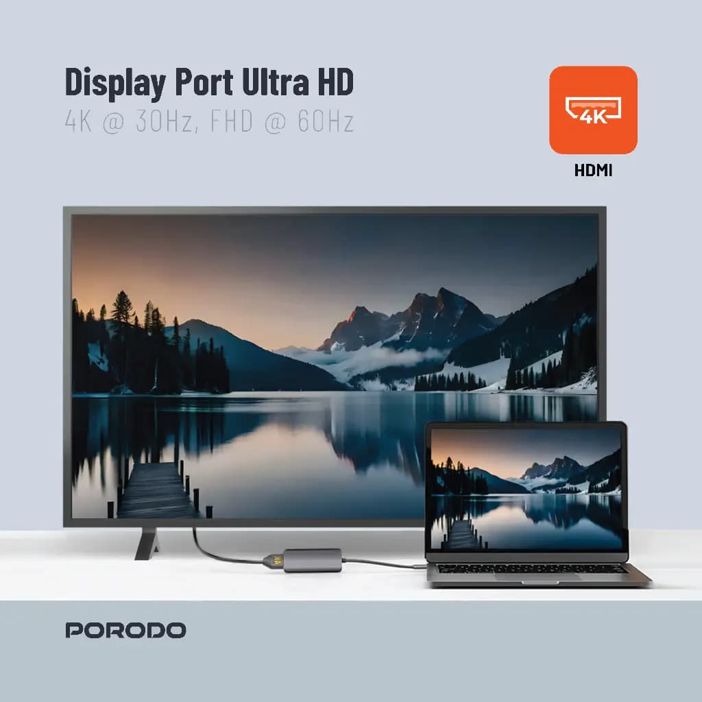 هاب 4 در 1 پرودو(PD-41CHB)Porodo 4in1 USB-C Hub Type-C PD 100W HDMI USB 3.5mm Aux – Grey — تصویر ۷