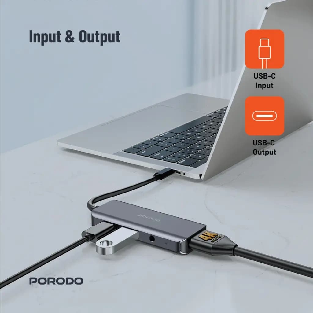 هاب 4 در 1 پرودو(PD-41CHB)Porodo 4in1 USB-C Hub Type-C PD 100W HDMI USB 3.5mm Aux – Grey — تصویر ۲