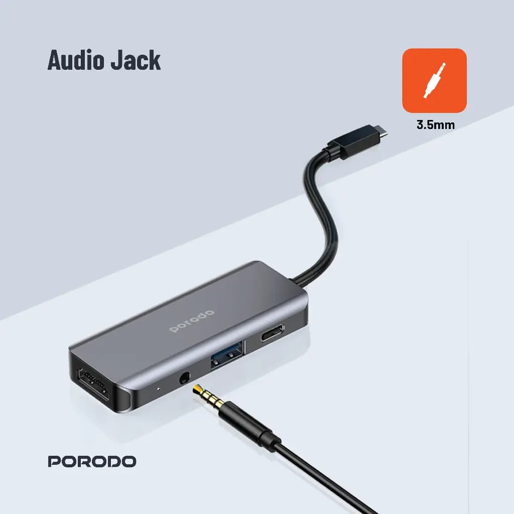 هاب 4 در 1 پرودو(PD-41CHB)Porodo 4in1 USB-C Hub Type-C PD 100W HDMI USB 3.5mm Aux – Grey — تصویر ۵