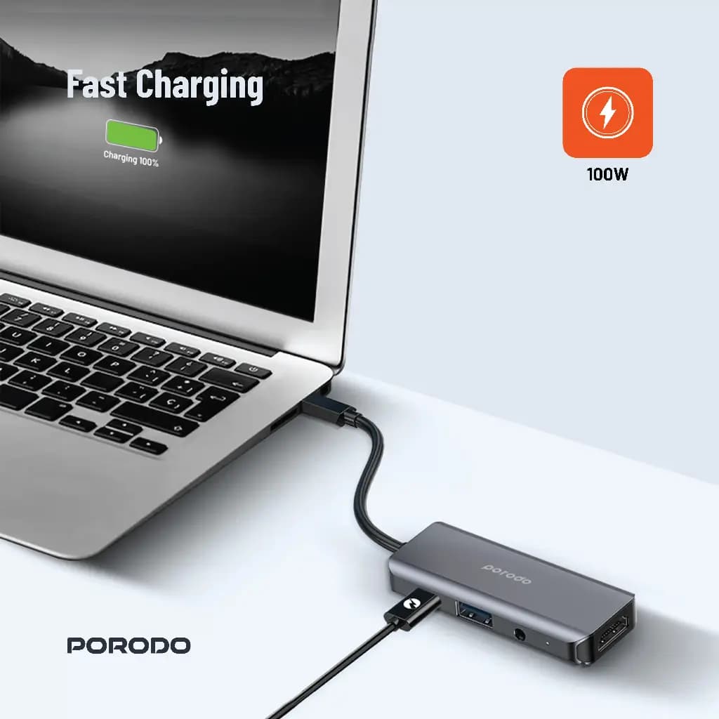 هاب 4 در 1 پرودو(PD-41CHB)Porodo 4in1 USB-C Hub Type-C PD 100W HDMI USB 3.5mm Aux – Grey — تصویر ۶