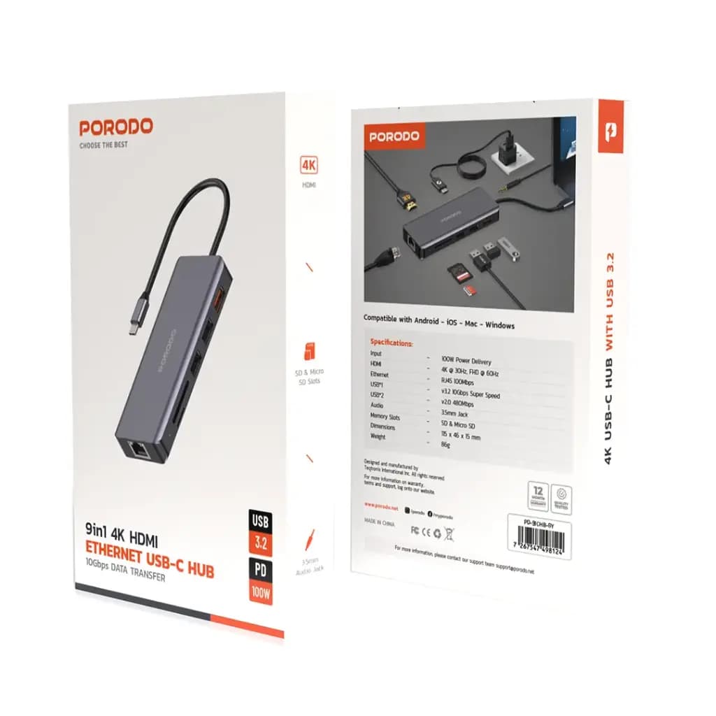 هاب 9 در 1 پرودو(PD-91CHB)Porodo 9in1 USB-C Hub Type-C PD 100W HDMI Ethernet USB SD Card 3.5mm Aux – Gray — تصویر ۴
