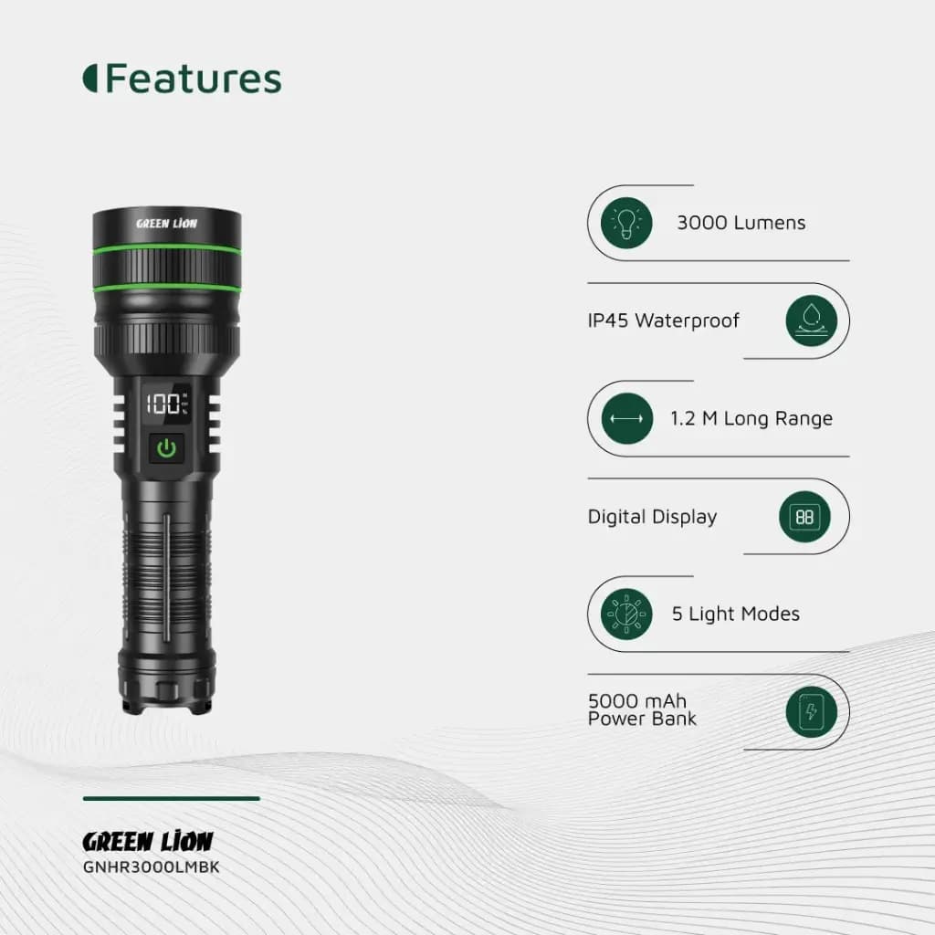 چراغ قوه شارژی 3 هزار لومن Hyper Ray Pro گرین لاین(GNHR3000LMBK)Green Lion Hyper Ray Pro LED Torch – Black — تصویر ۶