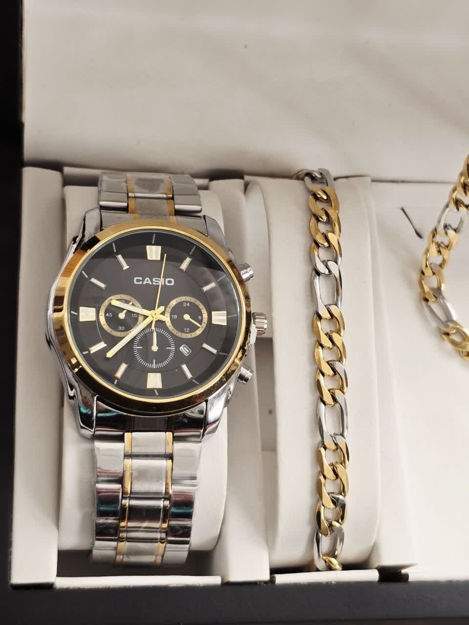 ست ساعت مچی عقربه ای مردانه کاسیو CASIO و دستبند و گردنبند زنجیر و انگشتر — تصویر ۴