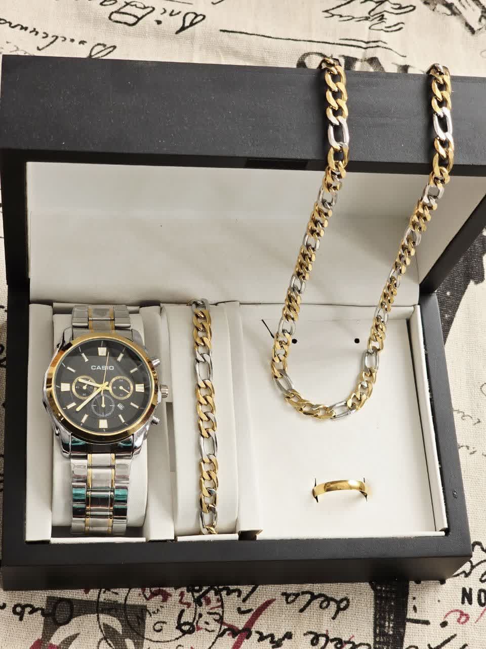 ست ساعت مچی عقربه ای مردانه کاسیو CASIO و دستبند و گردنبند زنجیر و انگشتر — تصویر ۳