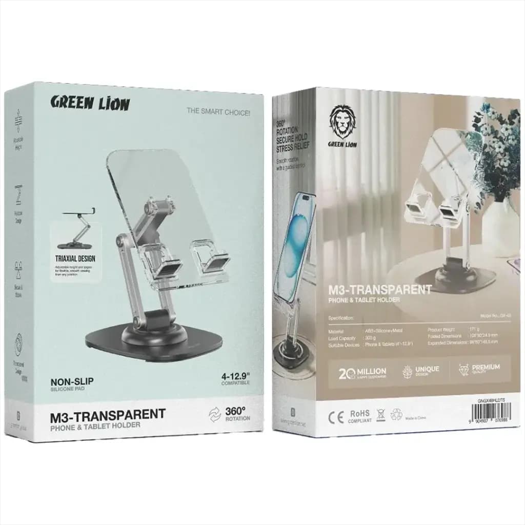 استند رومیزی جمع شونده موبایل و تبلت M3 گرین لاین(GNGX48HLD)Green Lion M3-Transparent Phone & Tablet Holder – Black — تصویر ۳