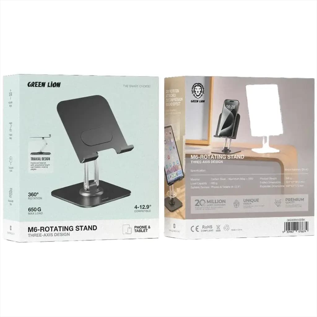 استند رومیزی جمع شونده موبایل و تبلت M6 گرین لاین(GN360R45SD)Green Lion M6-Rotating Stand Three-Axis Design – Black — تصویر ۳