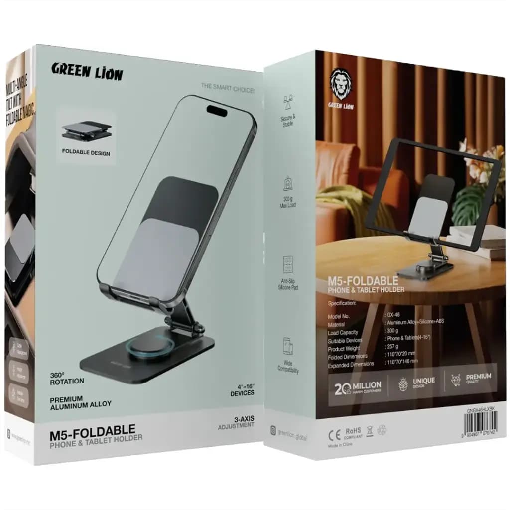 استند رومیزی جمع شونده موبایل و تبلت M5 گرین لاین(GNGX46HLX)Green Lion M5-Foldable Phone & Tablet Holder – Black — تصویر ۳