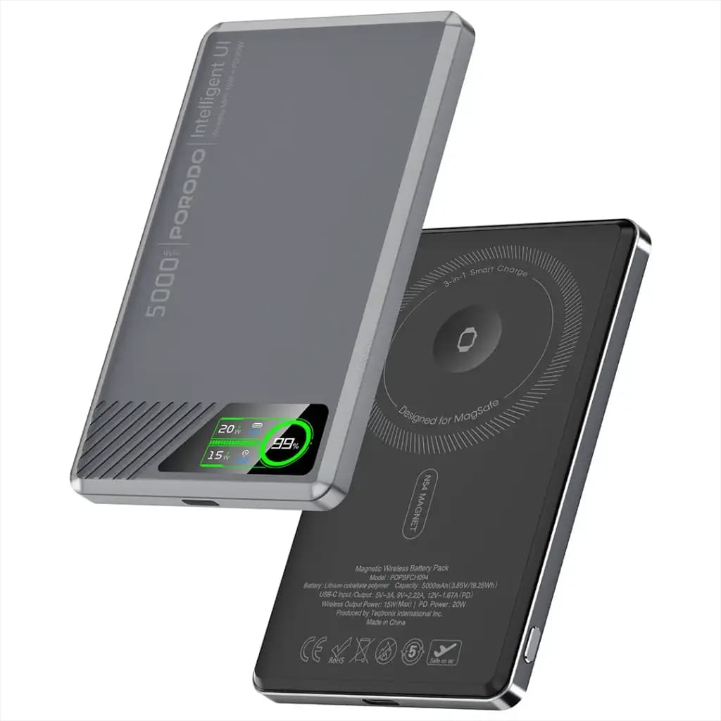 پاوربانک مگسیف 5 هزار SlimMag پرودو(PDPBFCH094)Porodo SlimMag 5000mAh Magnetic Power Bank – Gray