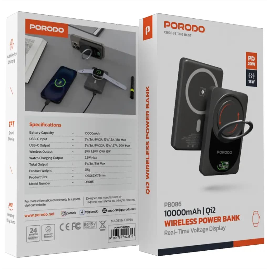 پاوربانک مگسیف 10 هزار همراه با هولدر Qi2 پرودو(PDPBFCH086)Porodo 10000mAh Qi2 Wireless Power Bank – Dark Gray — تصویر ۳