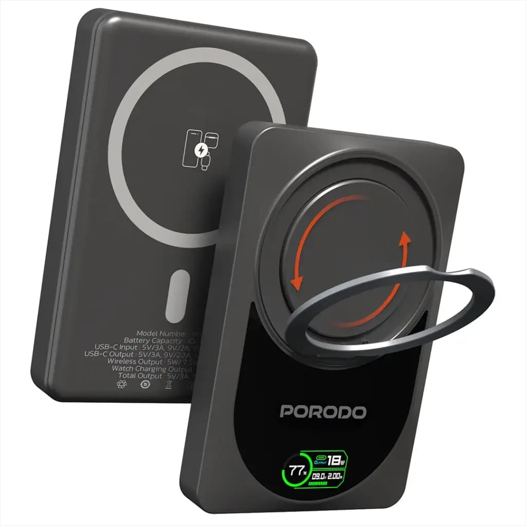 پاوربانک مگسیف 10 هزار همراه با هولدر Qi2 پرودو(PDPBFCH086)Porodo 10000mAh Qi2 Wireless Power Bank – Dark Gray