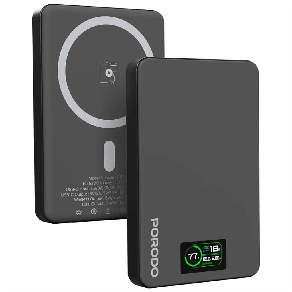 پاوربانک مگسیف 10 هزار پرودو(PDPBFCH085)Porodo 10000mAh MagSafe Power Bank – Dark Gray