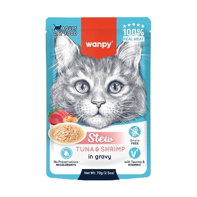 پوچ خورشتی گربه ونپی با طعم ماهی تن و میگو Wanpy Stew وزن 70 گرم