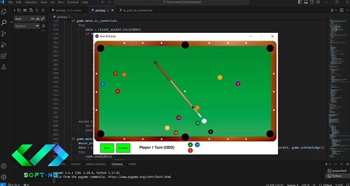 پروژه بازی بیلیارد با پایتون و Pygame تحت شبکه