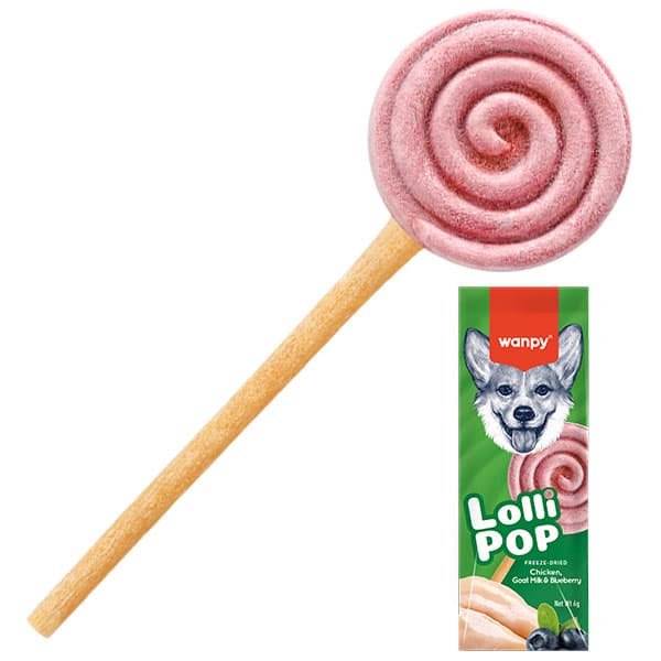 تشویقی آبنباتی سگ ونپی با طعم مرغ، شیر بز و بلوبری Wanpy Freeze Dried Lollipop وزن 6.0 گرم