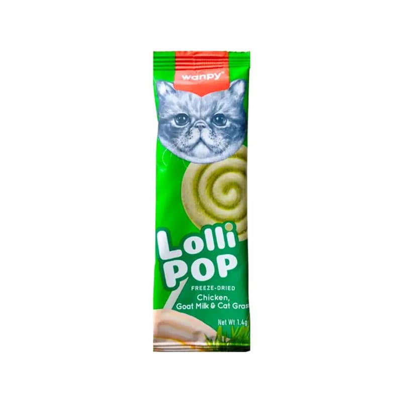 تشویقی آبنباتی گربه ونپی با طعم مرغ، شیر بز و علف Wanpy Freeze Dried Lollipop وزن 14 گرم