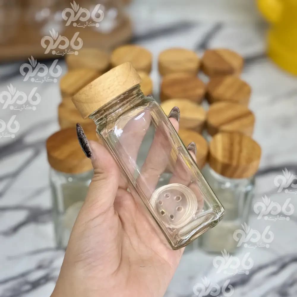 بانکه شیشه ای مکارتی پک 16عددی درب چوب — تصویر ۲