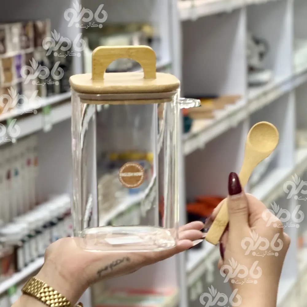بانکه پیرکس مربع قطر 10 درب دسته و قاشق دار — تصویر ۲