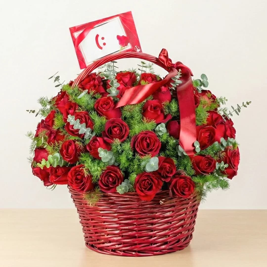 سبد گل رز هلندی و کیک مدل رزیتا — تصویر ۳