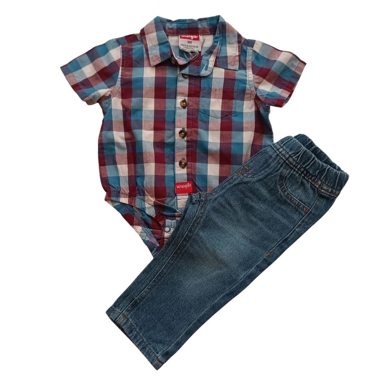 ست بادی پیراهنی آستین کوتاه چهارخانه و شلوار جین نوزادی رانگلر (Wrangler) آمریکا — تصویر ۱۰