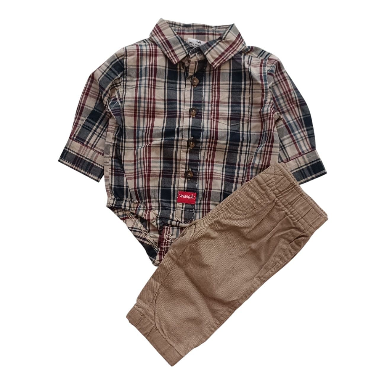 ست بادی پیراهنی آستین بلند چهارخانه و شلوار نوزادی رانگلر (Wrangler) آمریکا — تصویر ۲