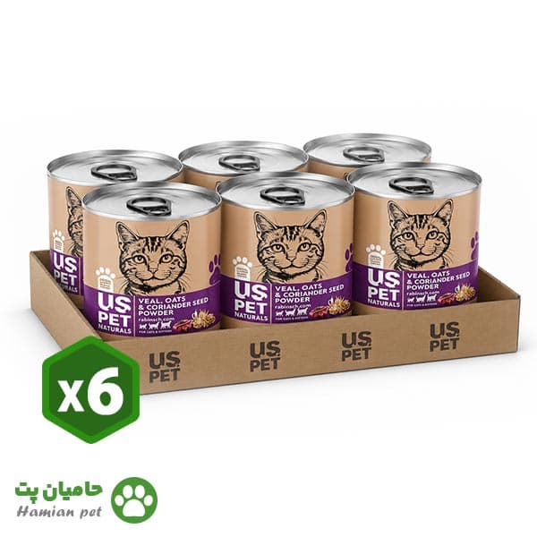 بسته ۶ عددی کنسرو گربه یو اس پت مدل پرمیوم پته گوشت گوساله و جوپرک ۸۰۰ گرم