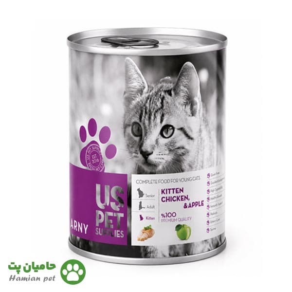 کنسرو بچه گربه یو اس پت (US pet) طعم مرغ و سیب ۴۰۰ گرم