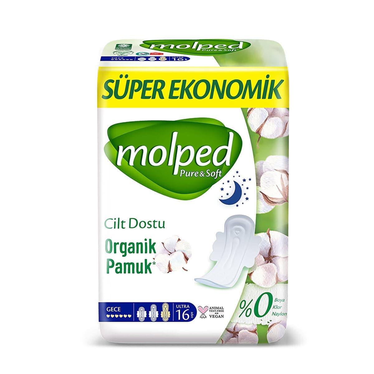 نوار بهداشتی شبانه سوپر اکونومیک ارگانیک پنبه مولپد Molped Pure & Soft Super Ekonomik Organic Cotton Night Pads مولپد بسته 16 عددی — تصویر ۲