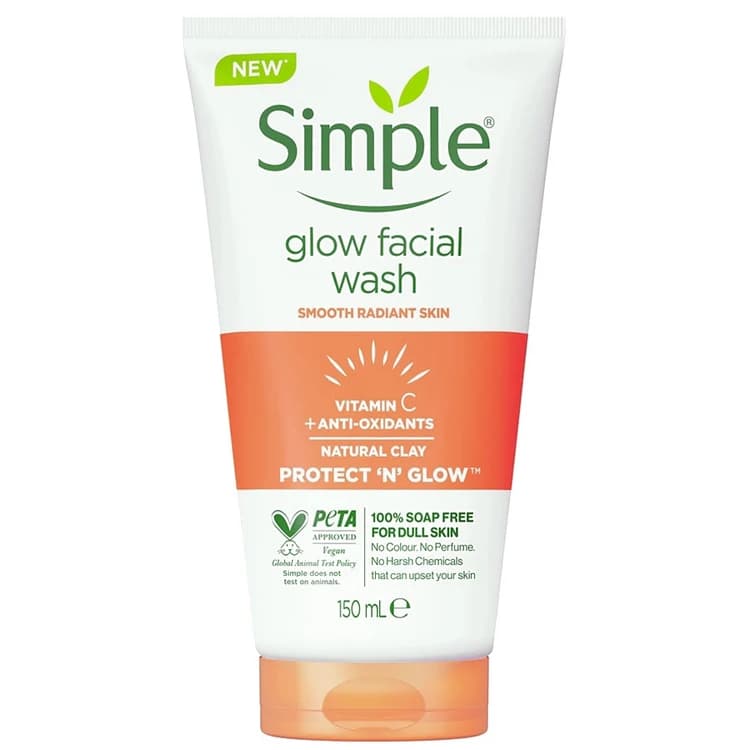 ژل شستشوی صورت روشن‌کننده گلو فیس واش سیمپل Simple Glow Facial Wash Vitamin C + Antioxidants + Natural Clay سیمپل 150ml — تصویر ۲