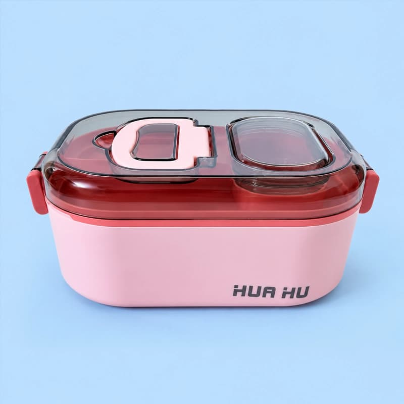ظرف غذای دو طبقه HUAHU مدل Lunch Box | لانچ باکس قاشق‌دار با درب قفل‌دار