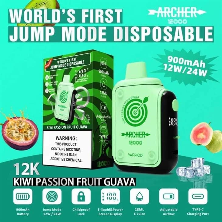 پاد یکبار مصرف VAPMOD ARCHER 12000 پاف|مایع 23ml با قابلیت Jump Mode 12W/24W — تصویر ۲