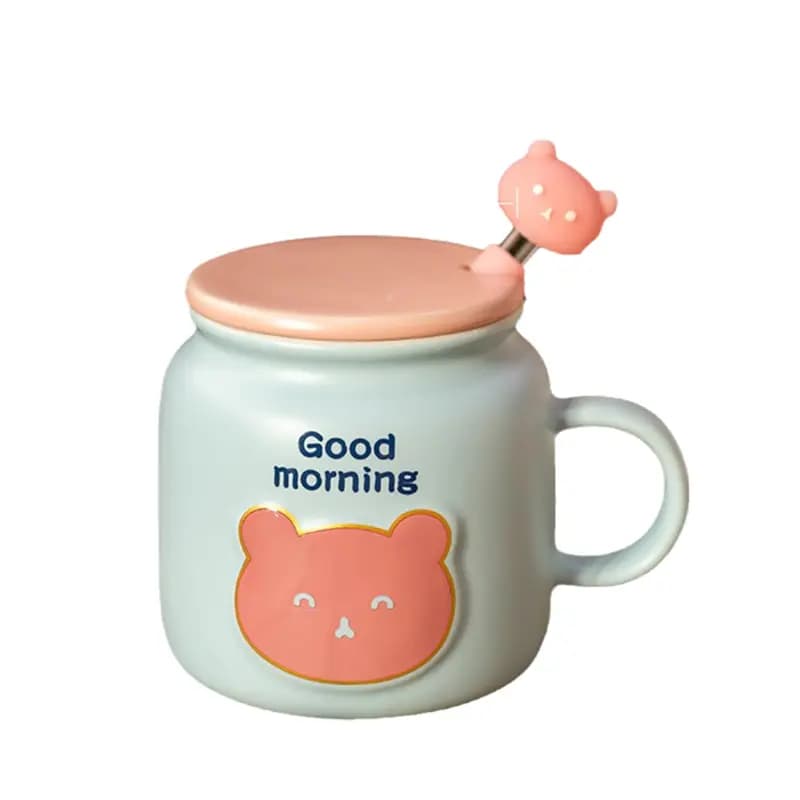 ماگ طرح خرس با درب و قاشق خرسی good morning حجم 450 میلی‌لیتر