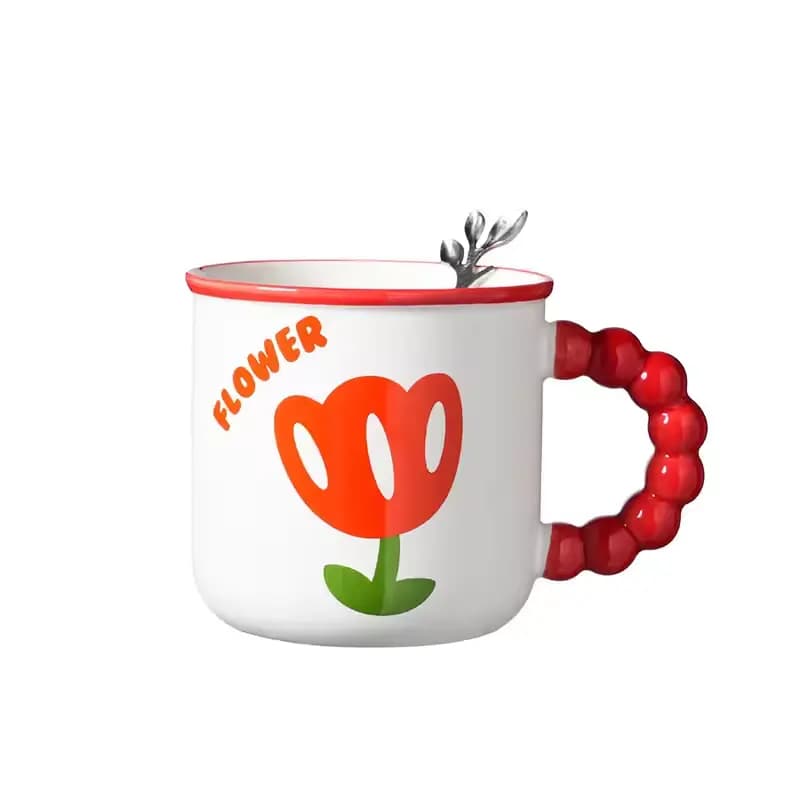 ماگ سرامیک طرح گل دسته مروارید با قاشق طرح برگ – flower