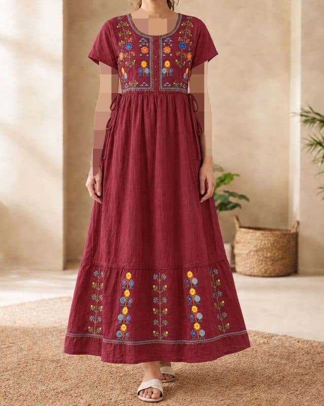 پیراهن زنانه گلدوزی آستین کوتاه هندی SH7636 — تصویر ۱۰