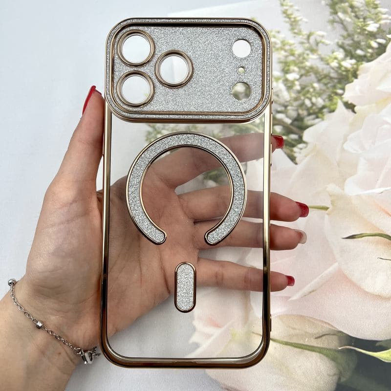 قاب گوشی iPhone 17 Pro Max آیفون شفاف مگ سیف اورجینال شاین اکیلی محافظ لنز دار طلایی — تصویر ۳