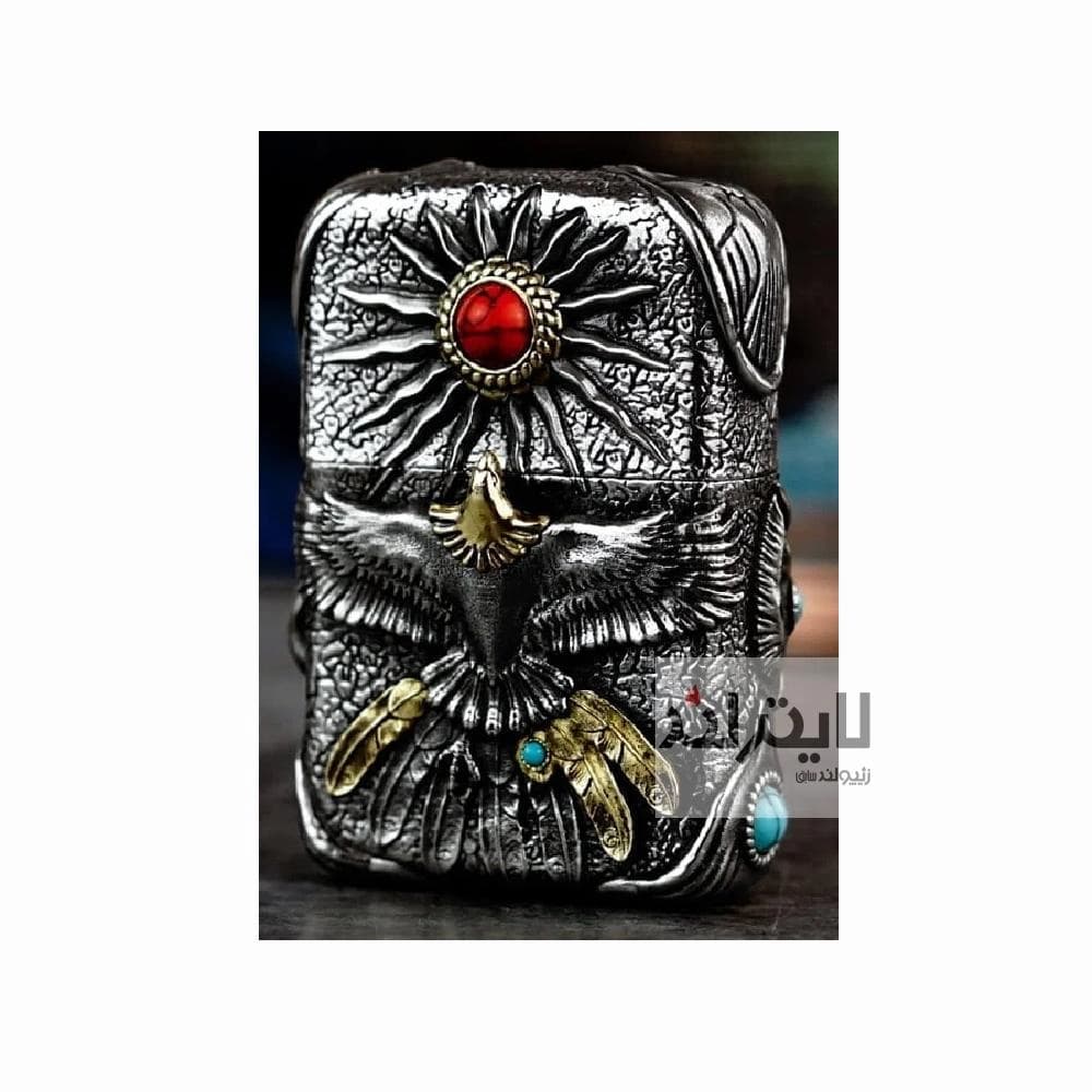 فندک زیپو مدل Tibetan Silver Sun Eagle Feather Turquoise