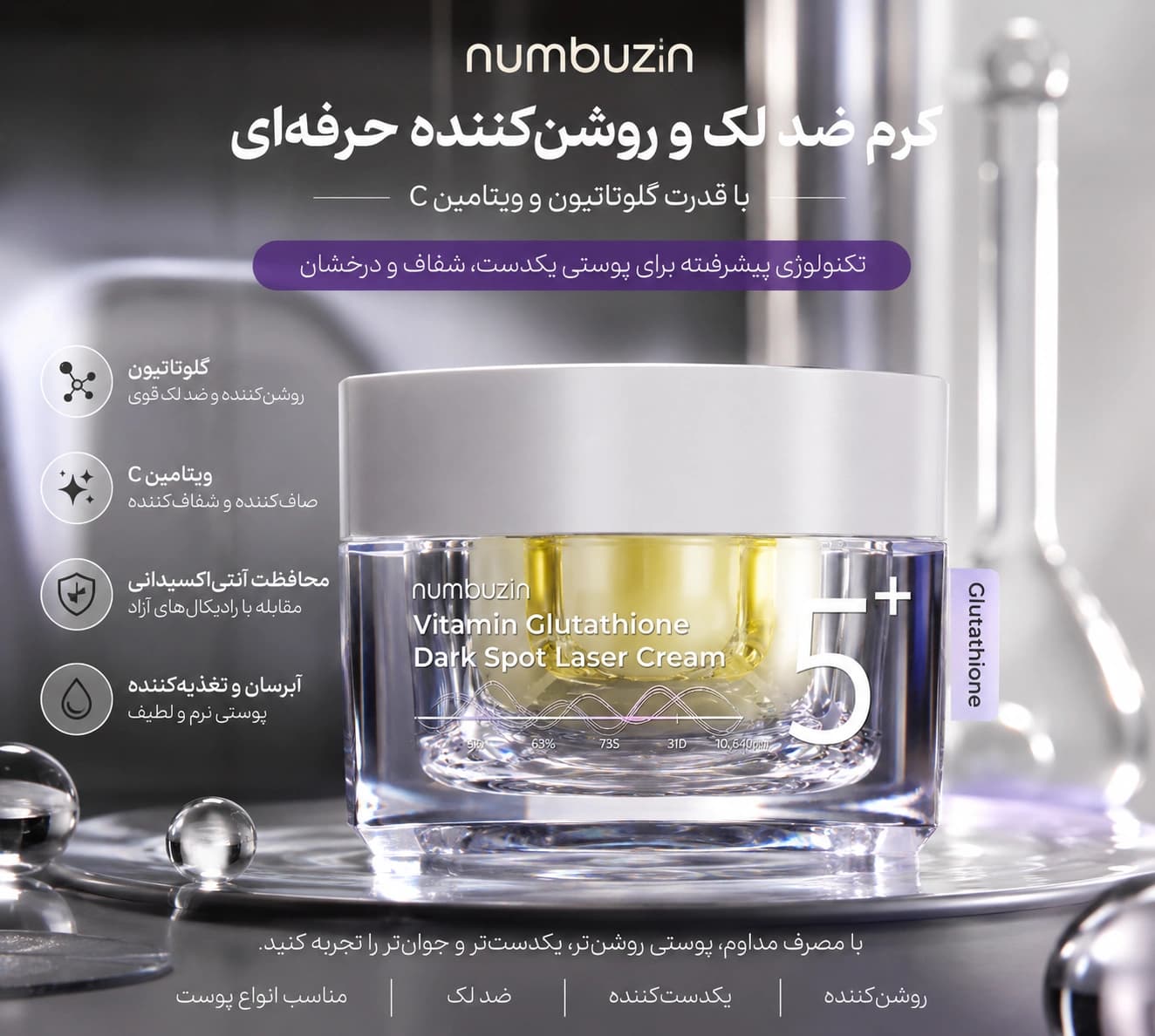کرم روشن کننده و ضد لک نامبوزین مدل +5 Glutathione — تصویر ۴