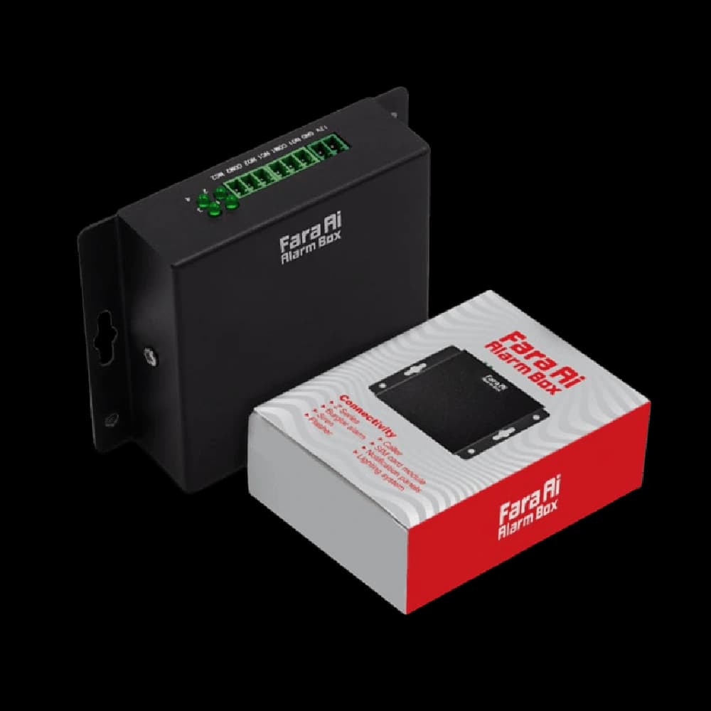 دستگاه تبدیل نظارت تصویری به دزدگیر هوشمند FARA AI ALARM BOX | مجهز به هوش مصنوعی، تشخیص حرکت و نفوذ، اعلان فوری از طریق اپلیکیشن و پیامک، آژیر بلند و سنسورهای محیطی (دود، حرارت، گاز)