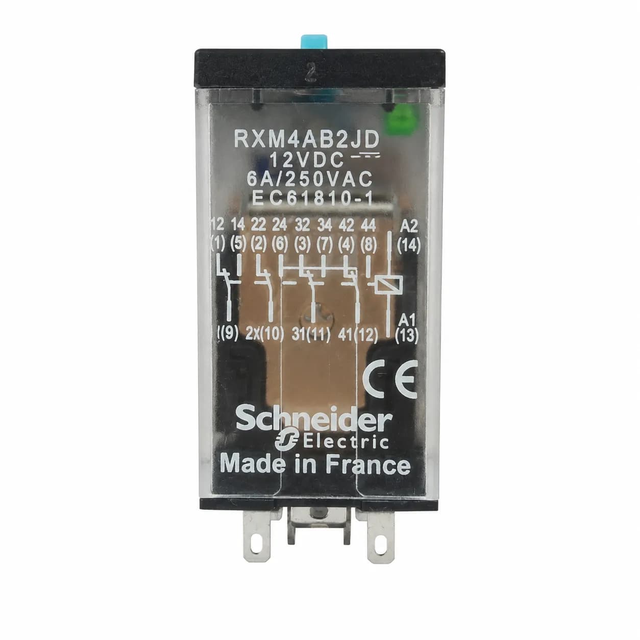 رله اشنایدر شیشه ای 14 پایه 6 آمپر 12 ولت Schneider Relay RXM4Ab2JD DC