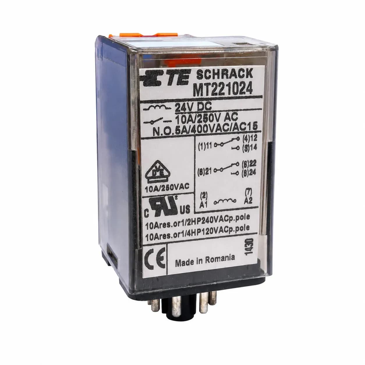 رله شراک شیشه ای 8 پایه گرد 10 آمپر 24 ولت Schrack Relay MT326024 AC