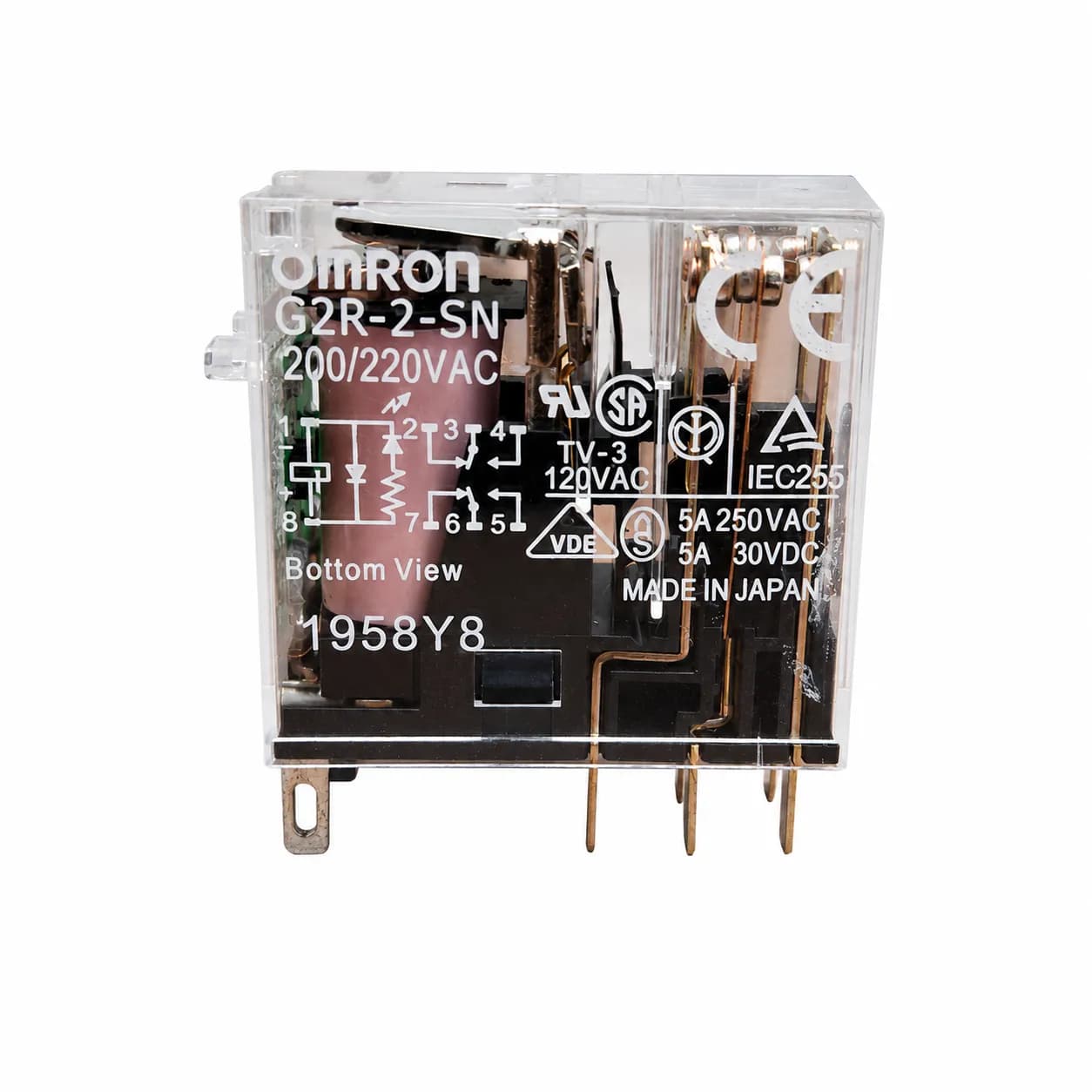 رله امرون شیشه‌ای 8 پایه ۲۲۰ ولت 5 آمپر Omron G2R-2-SN