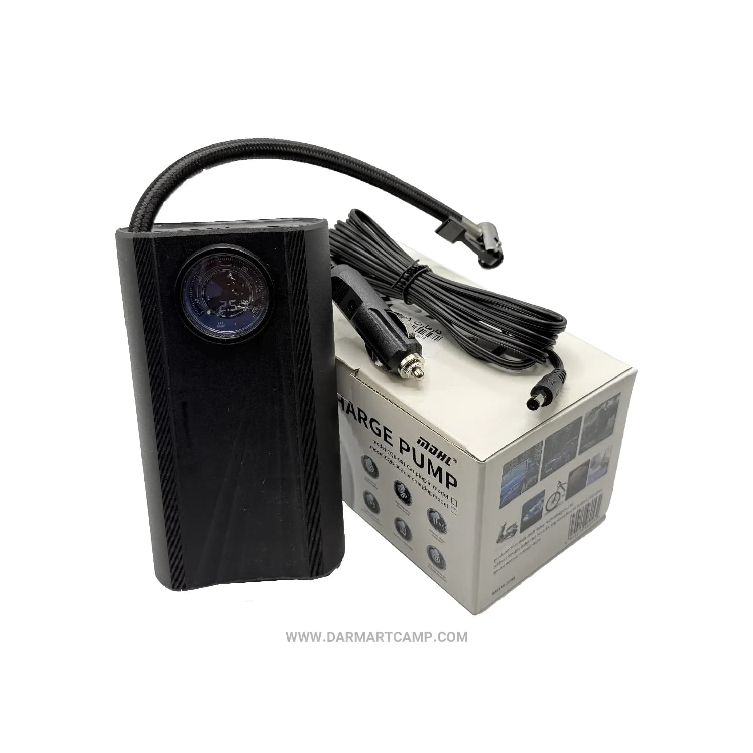 پمپ باد فندکی خودرو MDHL مدل CQB-001 با فشارسنج آنالوگ، قابل‌حمل و پرقدرت — تصویر ۳