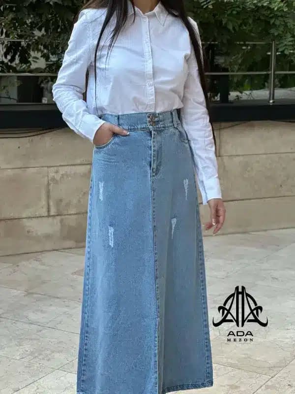 دامن جین بلند رنگ آبی روشن — تصویر ۷