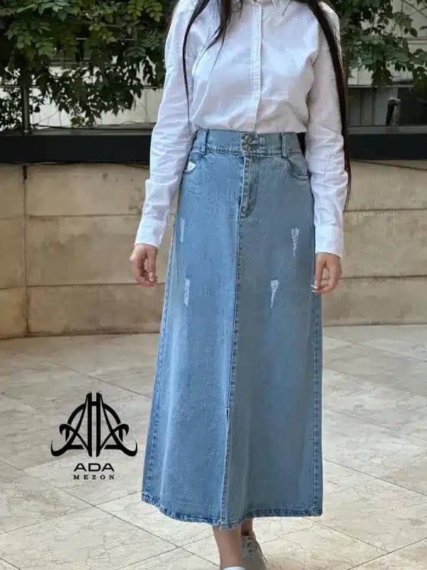 دامن جین بلند رنگ آبی روشن — تصویر ۶