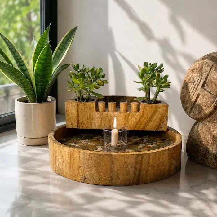آبنما بزرگ دوطبقه گرد بدنه صاف سنگدانه با گیاه یشم