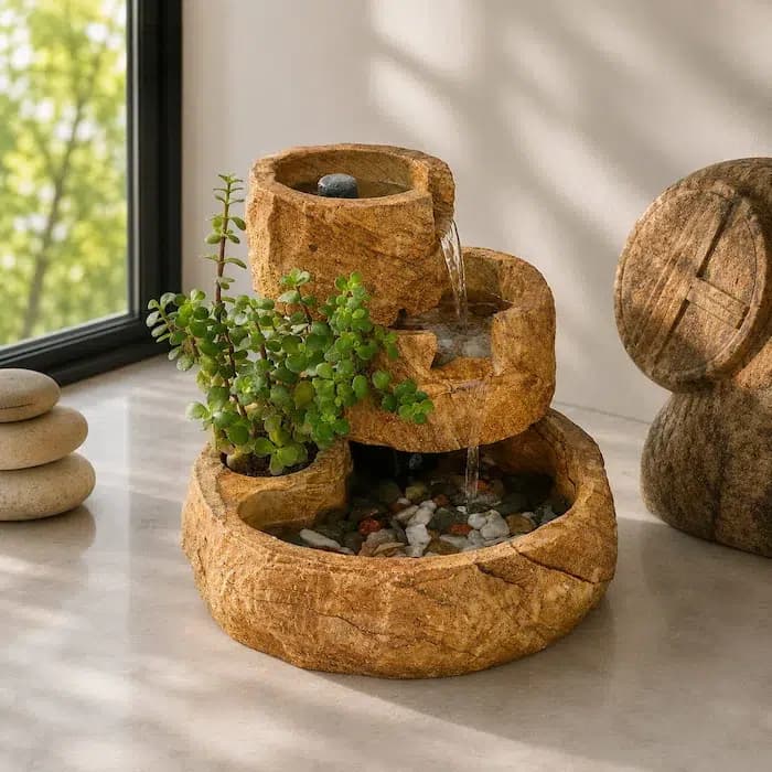 آبنما رومیزی سه طبقه سنگدانه کد AB3 همراه با گیاه خرفه ای