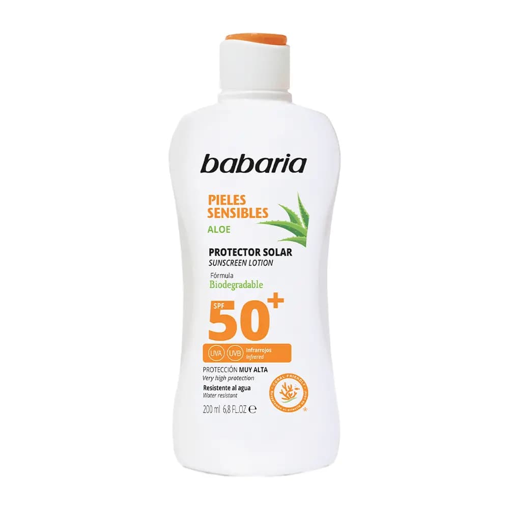 لوسیون ضد آفتاب مخصوص پوست حساس باباریا SPF50 حاوی آلوئه ورا حجم 200 میل