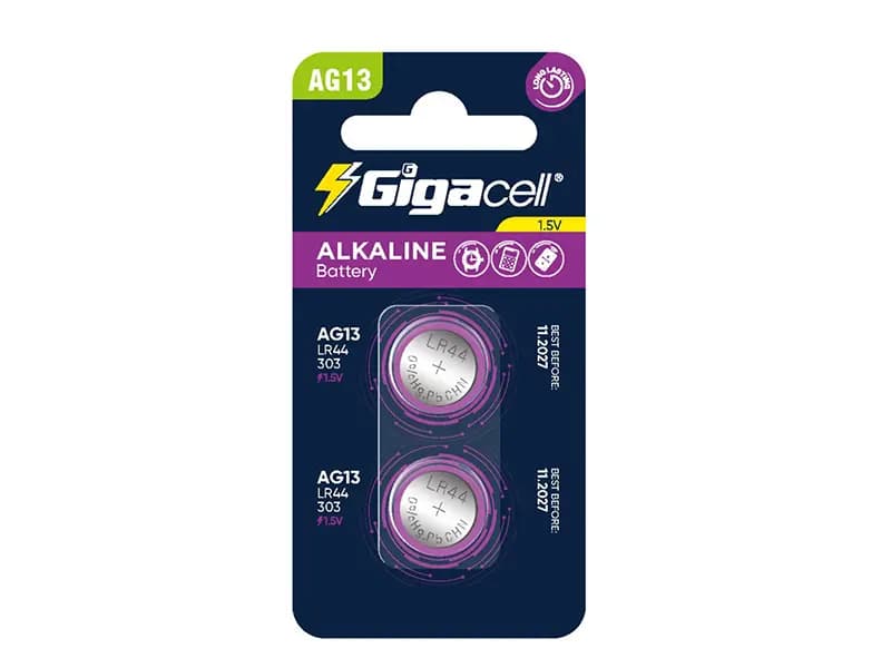 باتری سکه‌ای گیگاسل AG13 (LR44) آلکالاین 1.5 ولت بسته 2 عددی