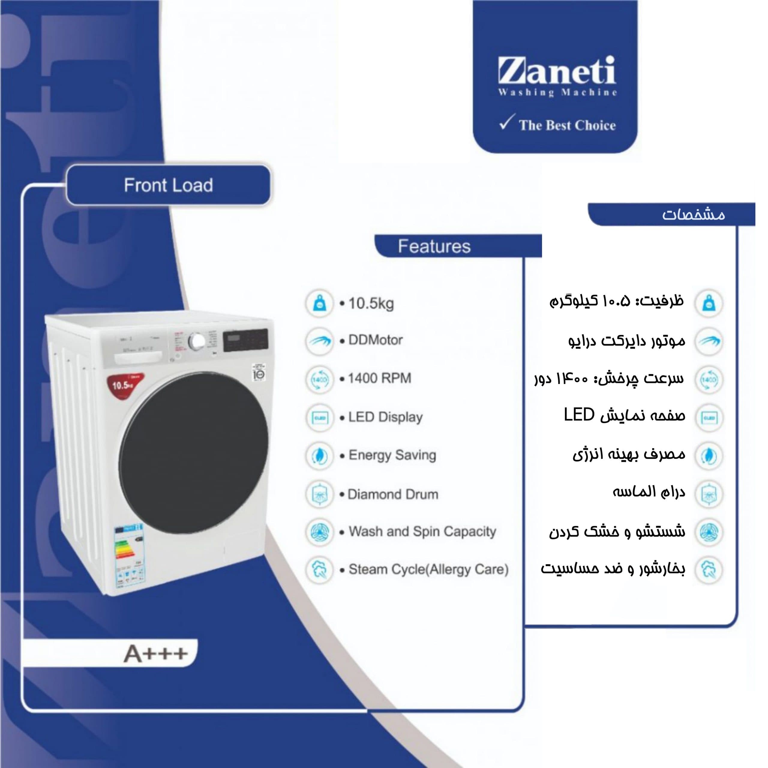 ماشین لباسشویی 10.5 کیلوگرمی زانتی — تصویر ۳