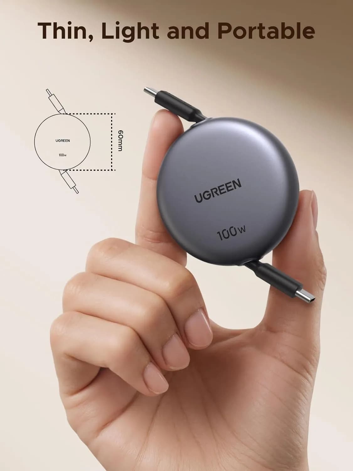 کابل شارژ 1 متر یوگرین UGREEN 100W Nexode Retractable USB C Cable L531 — تصویر ۱۱